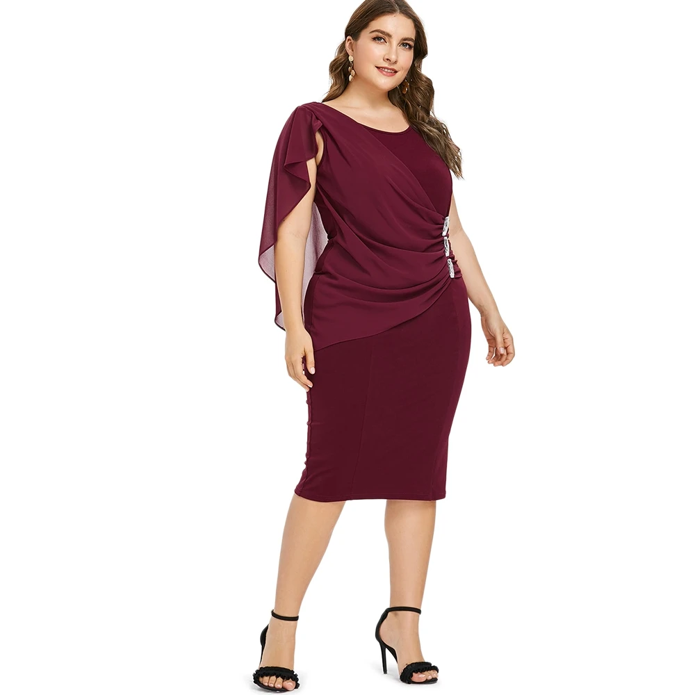 Плюс Размеры Украшенные стразами Capelet Dress цвет красного вина шифон оболочка Bodycon