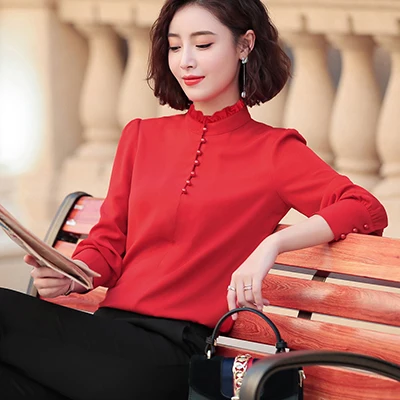 Red Blouse Новинка, женская блуза с длинным рукавом, украшенная бисером, рубашка, элегантная, офисная, для женщин, для работы, одежда в деловом стиле, S-4XL, со стоячим воротником, топы - Цвет: Red Blouse