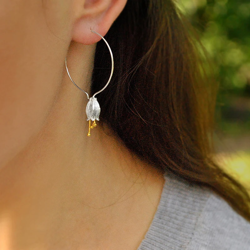 Женские серьги подвески Lotus Fun из серебра 925 пробы с цветком и колокольчиком|earrings