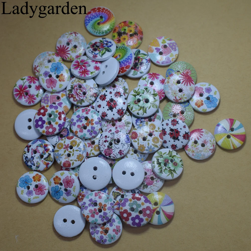 15mm 2 Eyes Printed Wood Colorful Round Wooden Buttons for Hat Shoes Clothes Diy Accessories Mixed Color 50PCS/Bag | Дом и сад