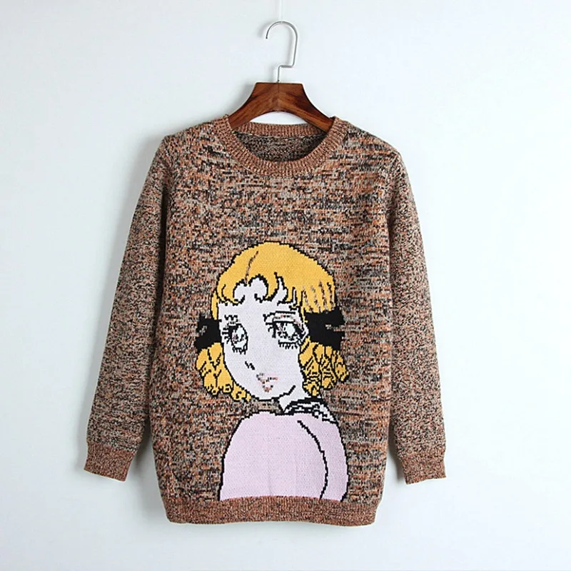 JOYDU 2018 Runway Thick Warm Winter Knitted Sweater Women Wool Pullover Cartoon Girl Pattern Color Mixing Fashion Cute Sweaters | Женская