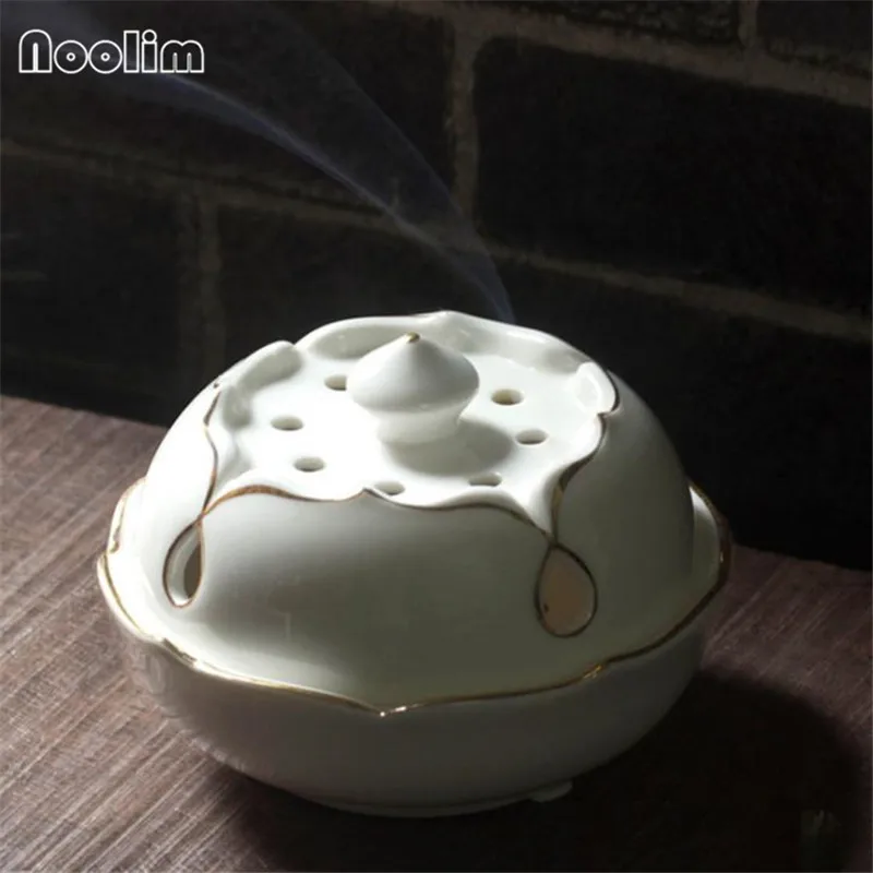 Antique White Lotus Coil Incense Burner With Hollow Cover Gold Edge Stick Holder Home Office Decoration Aroma Censer | Дом и сад