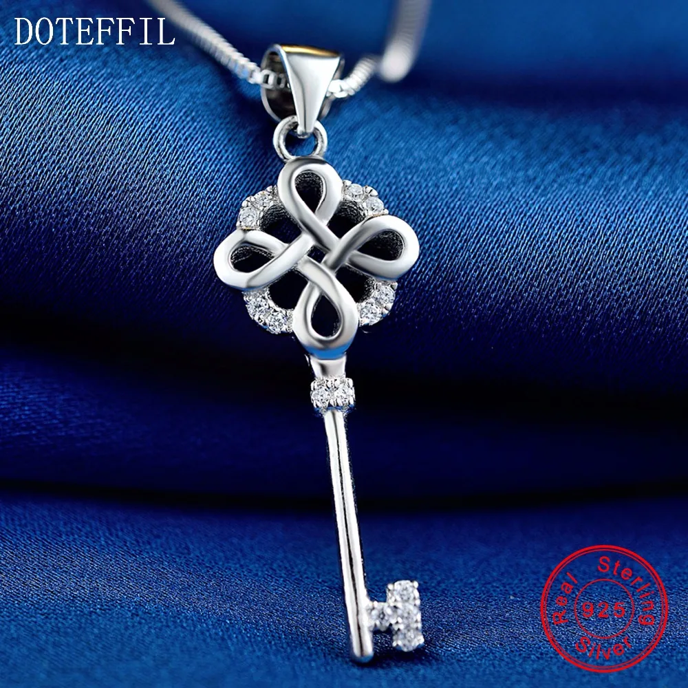 

925 Silver Key Necklace Women Luxury Charm 100% Sterling Silver Pendant Necklace High Quality Zircon Jewelry
