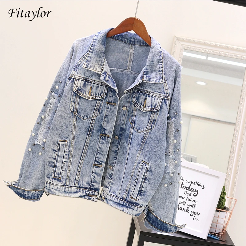 Fitaylor женские джинсовые куртки весна Harajuku Хип Хоп куртка свободный жемчуг длинный