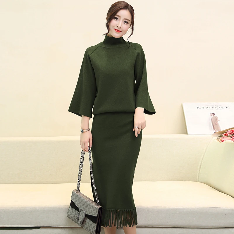 

Women Knitting Skirt Suits Two-Piece Autumn Outfit New Pullover Sweater Of Long-Sleeved Long Cutout Tassel Skirts Winter S-XXL