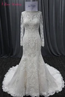 new arrival long sleeve wedding dress mermaid scoop neckline lace appliqued sequins beaded floor length tulle wedding gown