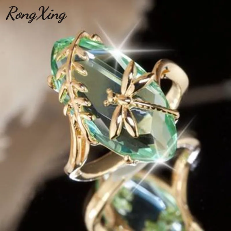 RongXing большие оливковые зеленые прозрачные Стразы золотого цвета кольца со
