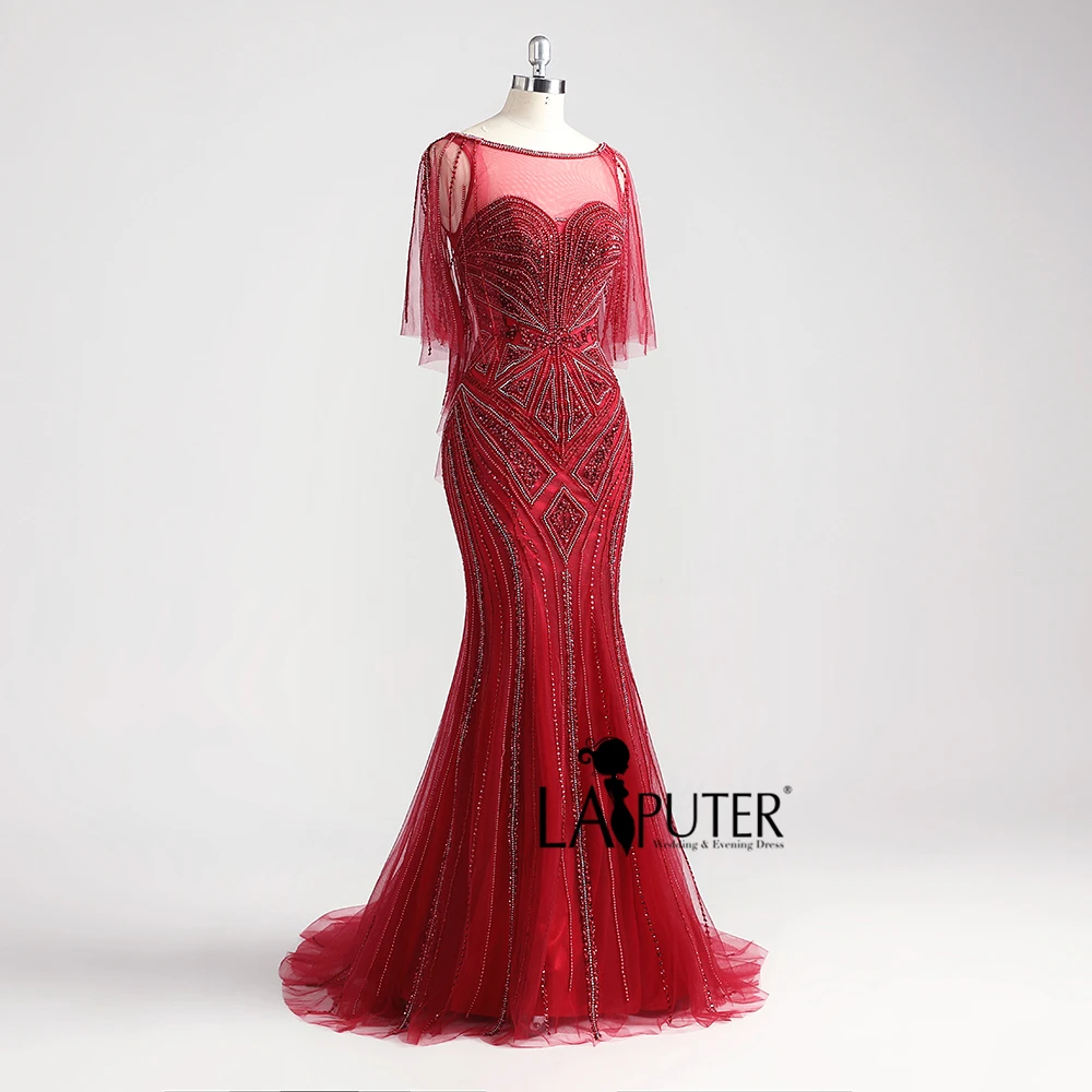Laiputer 2018 Burgundy Stretch Sexy Mermaid Heavy Beading Luxury Formal Long Elegant Evening Prom Dresses With Shawl | Свадьбы и