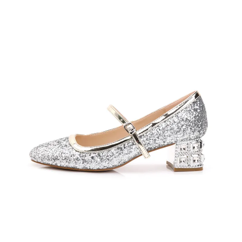 Wedding shoes female 2018 new bridal in the thick with round head rhinestones silver sequined crystal banquet | Обувь