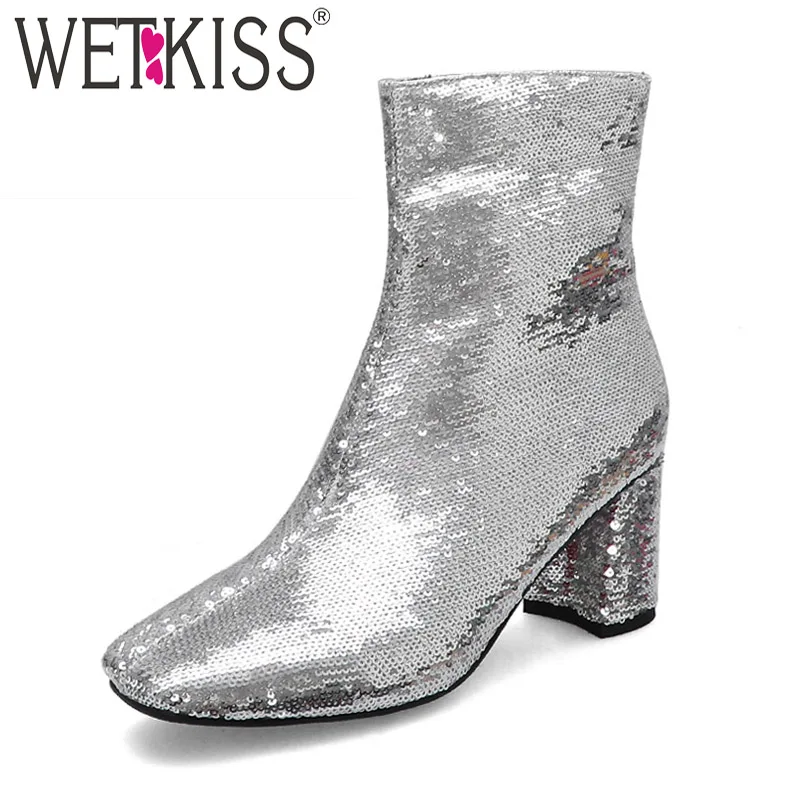 WETKISS Sequined Ankle Boots Women High Heels Booties Square Toe Shoes Female Bling Wedding Ladies Winter Plus Size 34-44 | Обувь