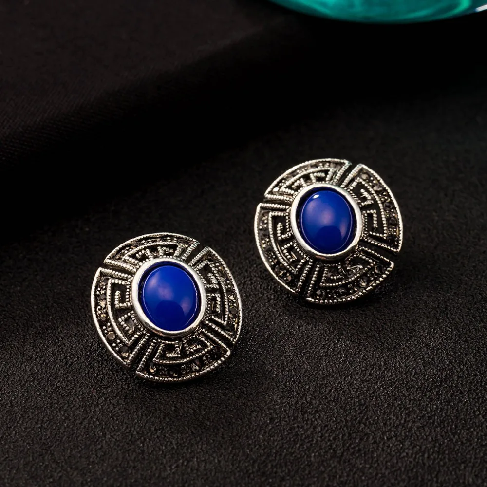 New Fashion Vintage Delicate Oval Blue Rhinestone Ear Studs Earrings Solid Stone Earing for Girls Women Wholesale | Украшения и