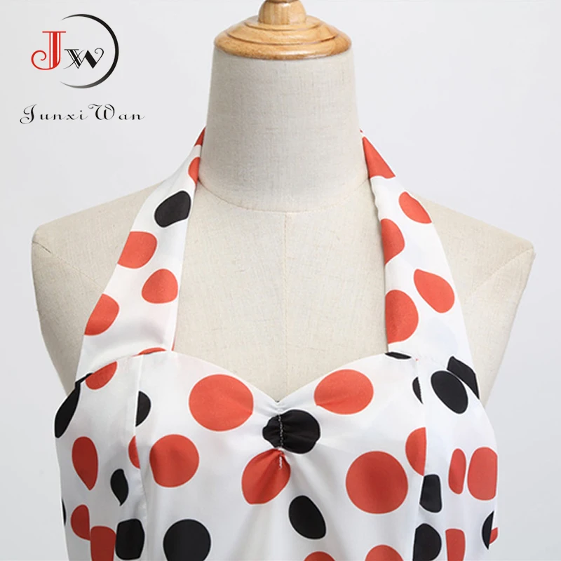 Женское винтажное платье в горошек с лямкой на шее элегантное средней длины