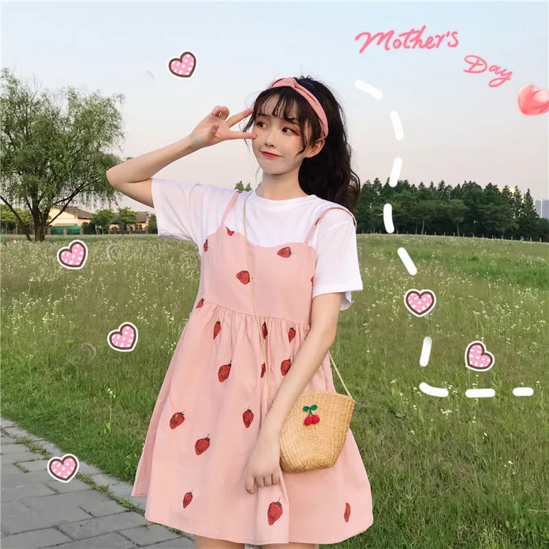 Новые летние милые платья в японском стиле для женщин, Kawaii, клубничный принт, короткий рукав, поддельные два предмета, платье для девочек, милое платьице