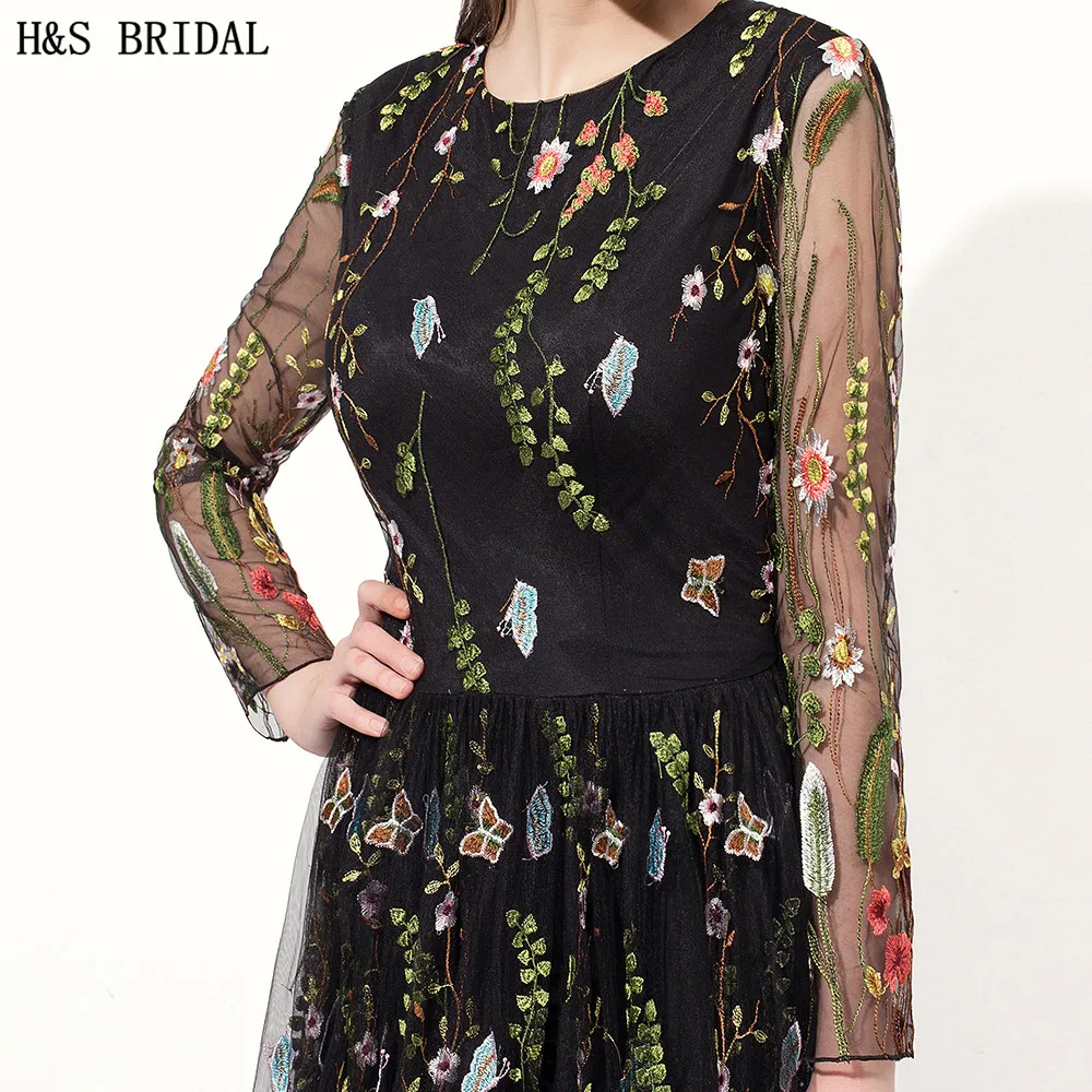 H & S свадебные черные платья с длинным рукавом для выпускного вечера круглым