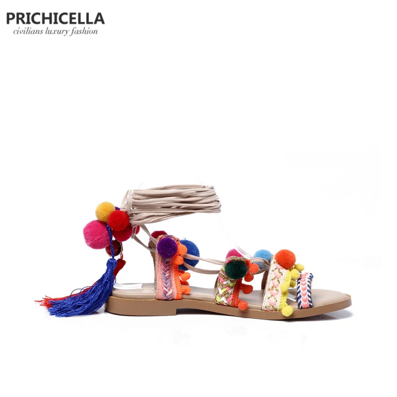 PRICHICELLA/Босоножки на шнуровке с помпонами; сандалии-гладиаторы из натуральной кожи на плоской подошве; женская летняя обувь с бахромой; size35-41