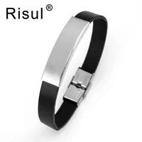Risul simple men 10mm blank for personalized print logo name Leather bangle Stainless steel original  bracelets wholesale 50pcs