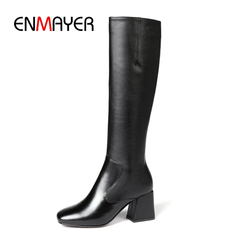 

ENMAYER Square Toe Genuine Leather Shoes Woman Zapatos De Mujer Knee-High Boots Winter Boots Women Size34-40 ZYL1779