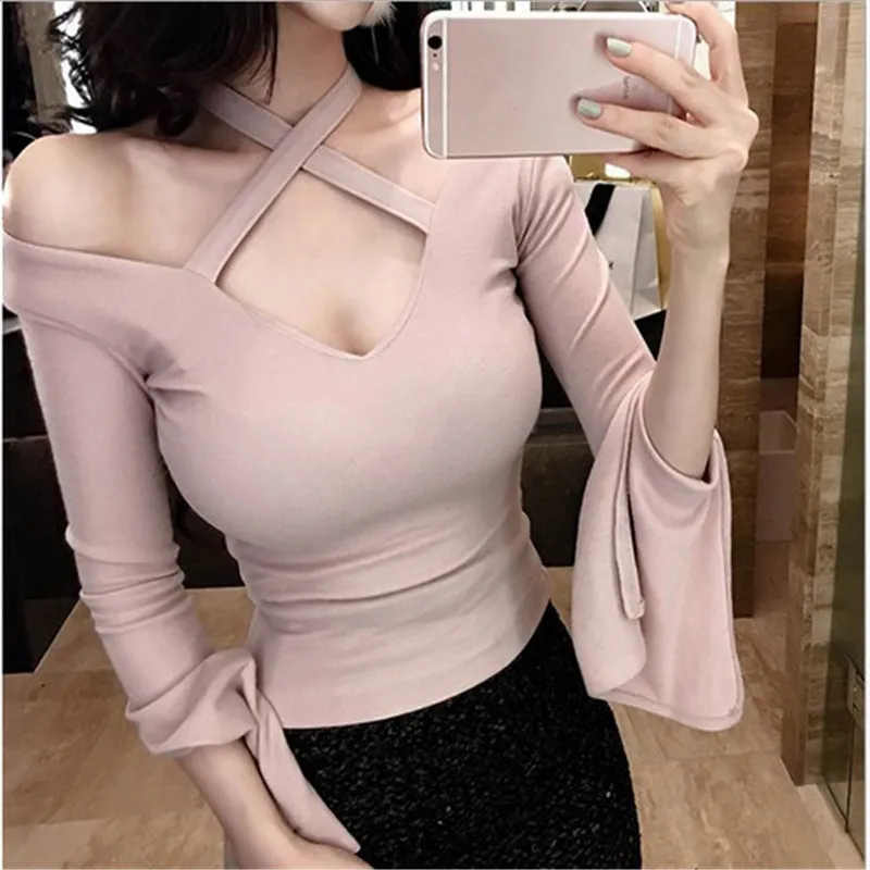 

Women Sexy Solid Low Cut Off Shoulder Full Flare Sleeve Tees Female Teenage Girls Femmes T-Shirt
