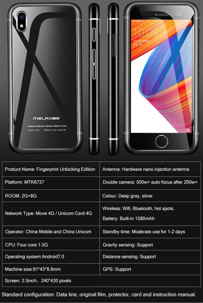 Маленький смартфон Melrose S9 PLUS 2,4" MT6737 четырехъядерный Android 7,0 1 ГБ 8 ГБ 1580 МП мАч 4G LTE Супер Мини Размер Мобильный телефон