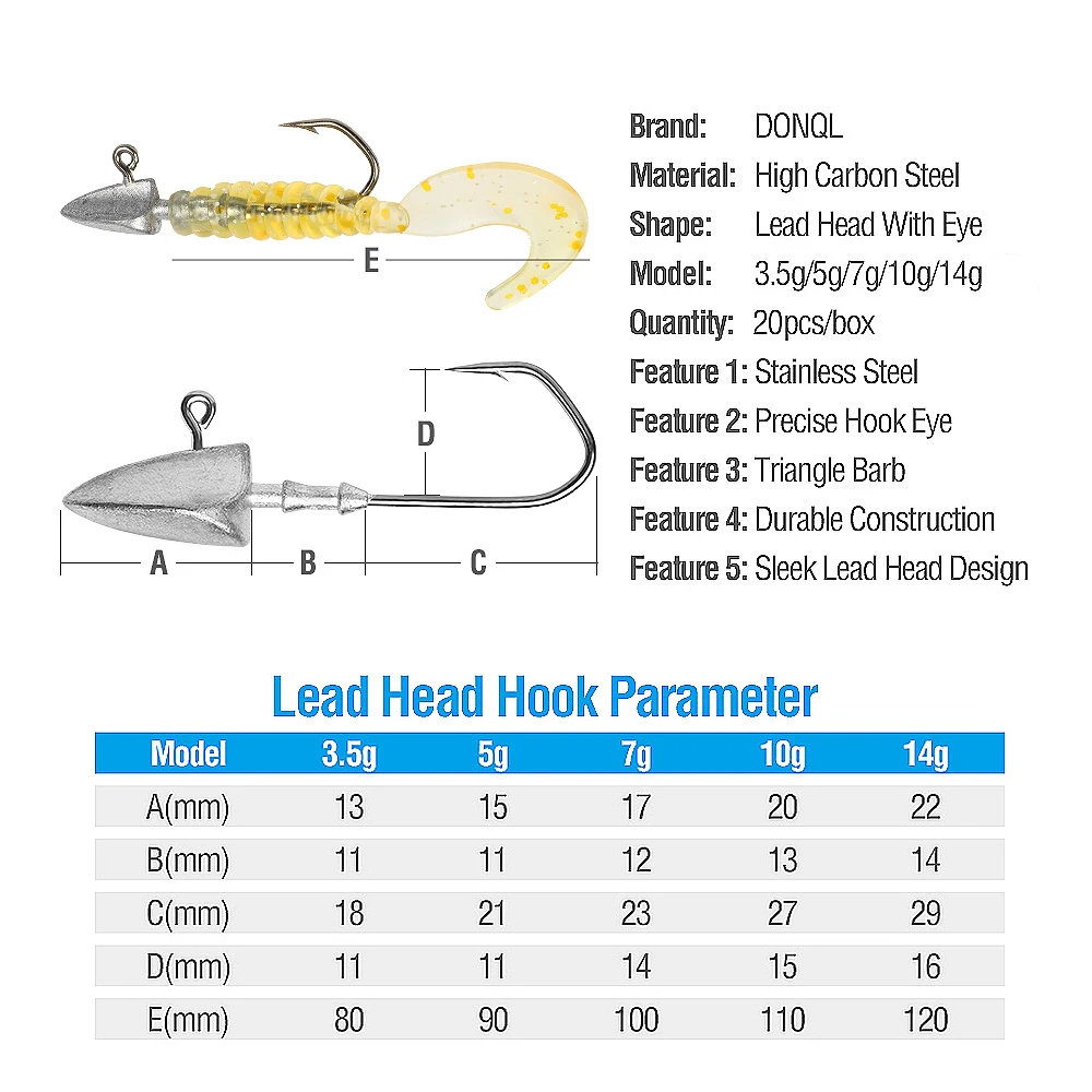DONQL 20 шт./компл. Lead Jig Head рыболовный крючок колючий Карп удочка 3,5g 5g 7g 10g 14g для Мягкая приманка в виде червей рыболовный крючок рыболовные снасти