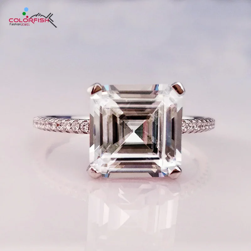 

COLORFISH Luxury 4 CT Asscher Cut Authentic 925 Sterling Silver Solitaire Engagement Rings For Women Wedding Anniversary Jewelry