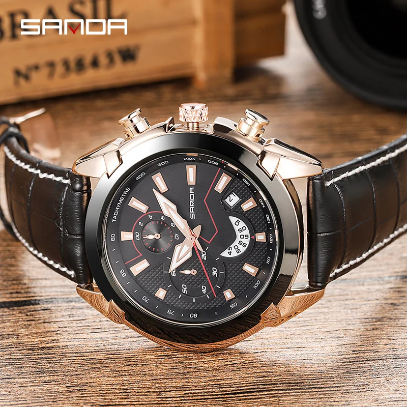 SANDA для мужчин s часы хронограф кожаный ремешок Кварцевые армии Военная Униформа