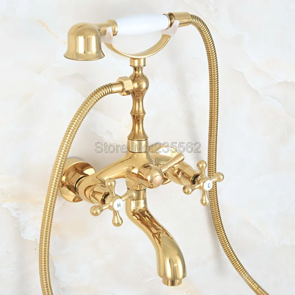 Luxury Gold Color Brass Bath Shower Faucet Set Dual Handle Wall Mounted Clawfoot Tub Mixer Tap lna801 | Обустройство дома
