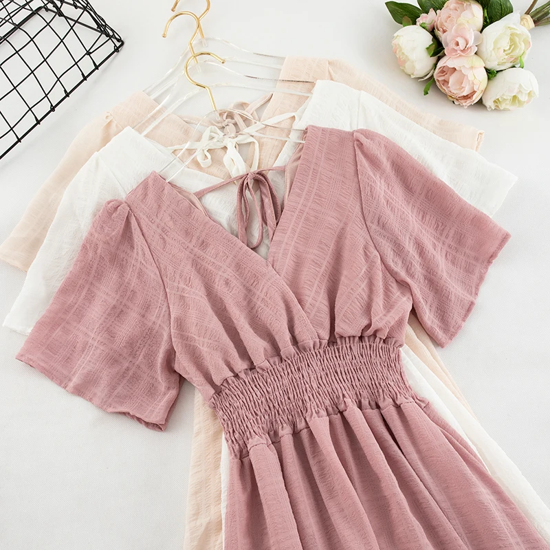 Elegant Party Dresses Women Sweet V-neck High Waist Short Sleeve Bandage Longuette A-line Vestidos Pink Beige Dress | Женская одежда