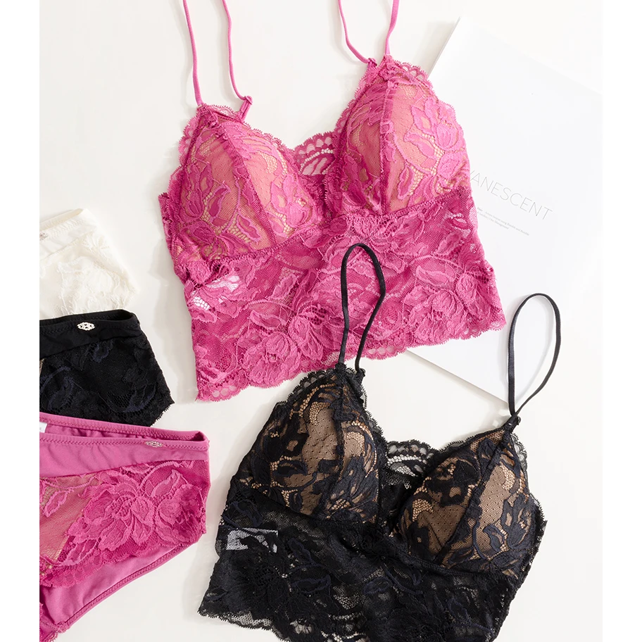 3 colors wireless floral lace comfortable sleepwear women sexy underwear set deep-v pull-over ultrathin lash bra and panty sets
