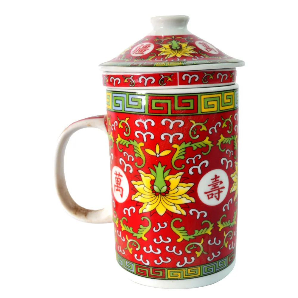 

PORCELAIN TRADITONAL RED FLORAL DESIGN LIDDED TEA CUP W STRAINER INFUSER J2175