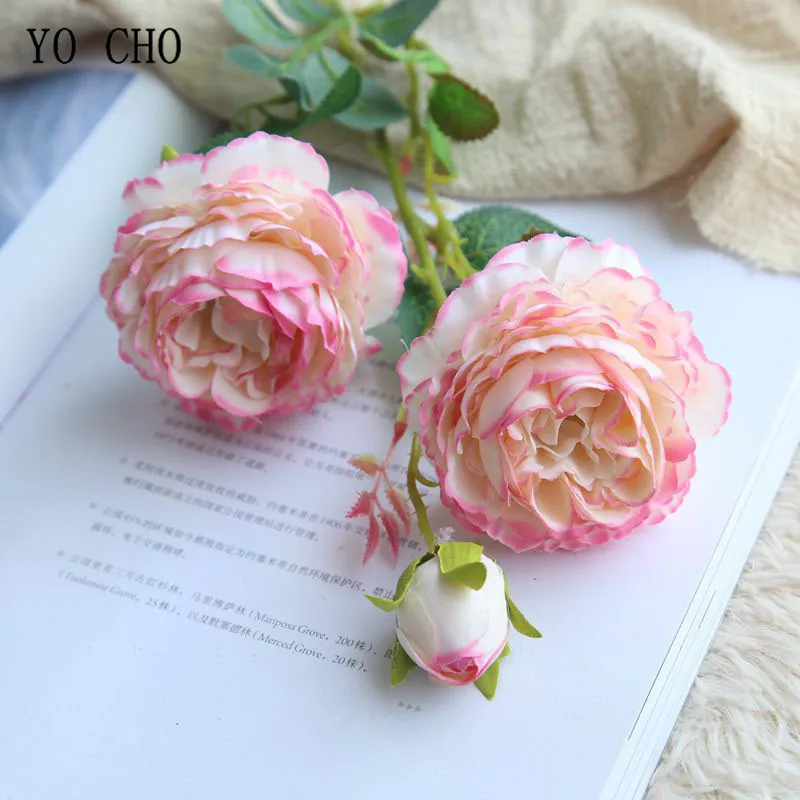 milk white pink Йо Чо 3 головки Искусственные цветы Белые пионы шелковые цветы красная роза искусственный цветок Свадебный декор букета домашние искусственные цветы - Цвет: milk white pink