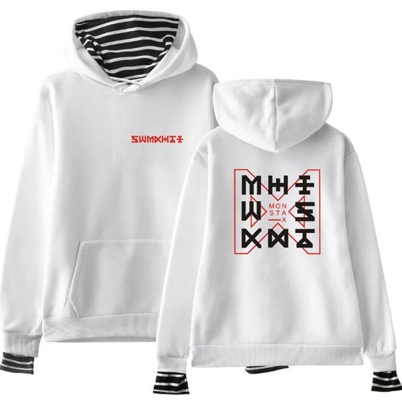 

Толстовка с капюшоном KPOP Monsta X для мужчин и женщин, Свитшот в стиле пэчворк с имитацией двух предметов, Женский пуловер в стиле Харадзюку, хип...