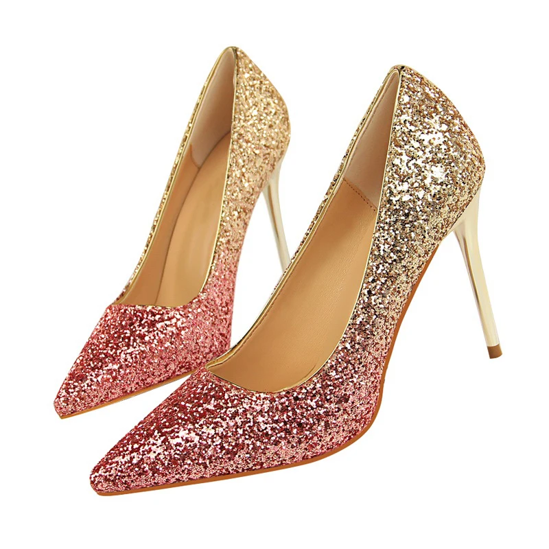 Женские блестящие туфли лодочки на шпильке 9 см золотистые серебристые красные