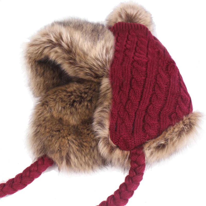 HT2206 Толстая теплая зимняя шапка женская с ушками из кроличьего меха вязаные