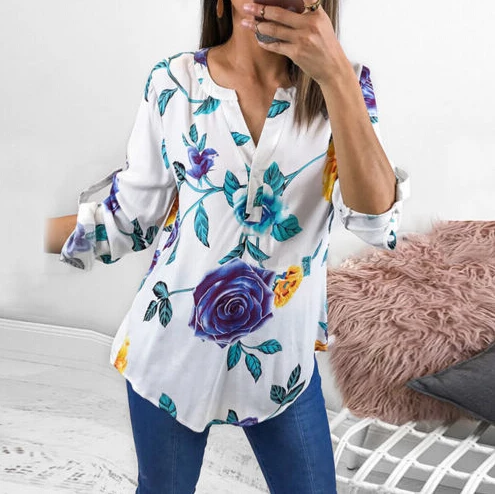 Модная женская цветочная рубашка с V образным вырезом женские повседневные