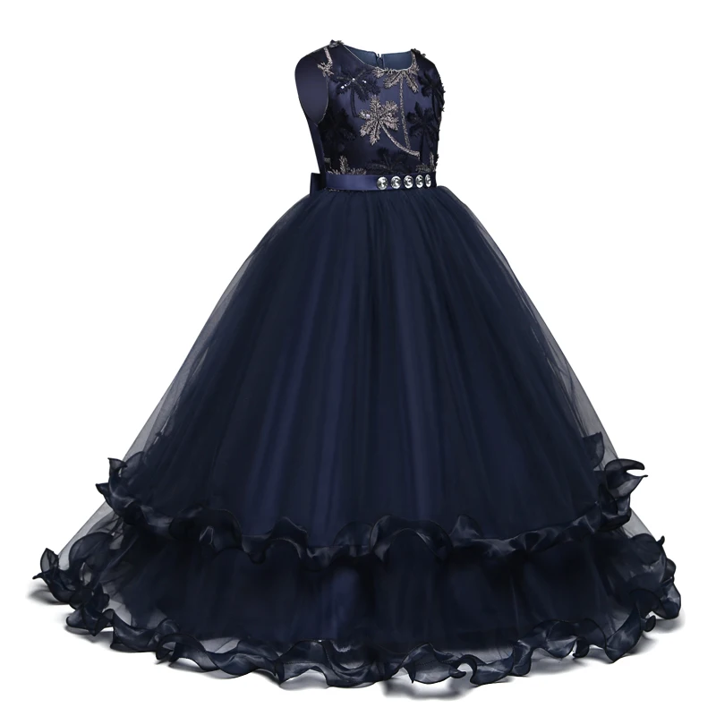 Бальное платье принцессы темно синие платья для девочек с цветочным принтом