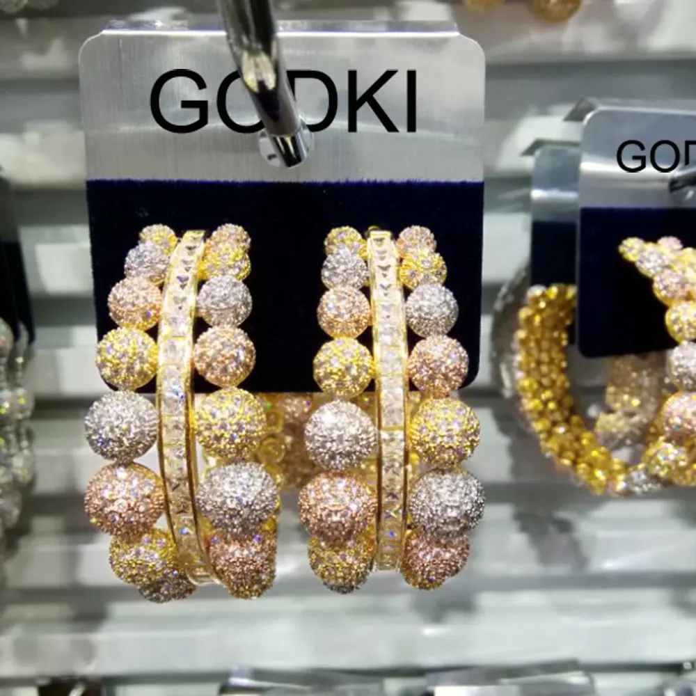 Женские серьги GODKI большие роскошные в 3 тона с листом и фианитом модные украшения