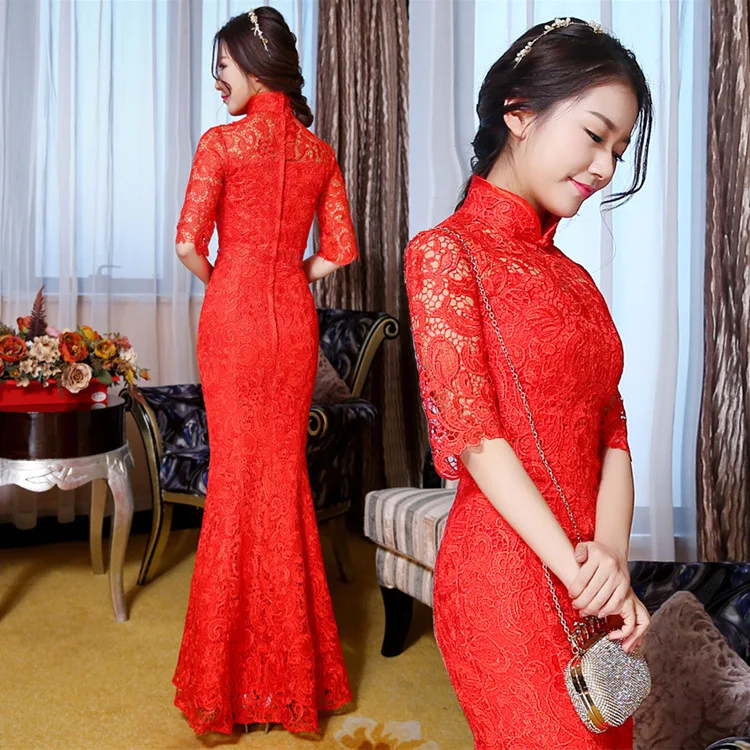 Красное Кружевное женское платье Ципао Qipao традиционное китайское свадебное