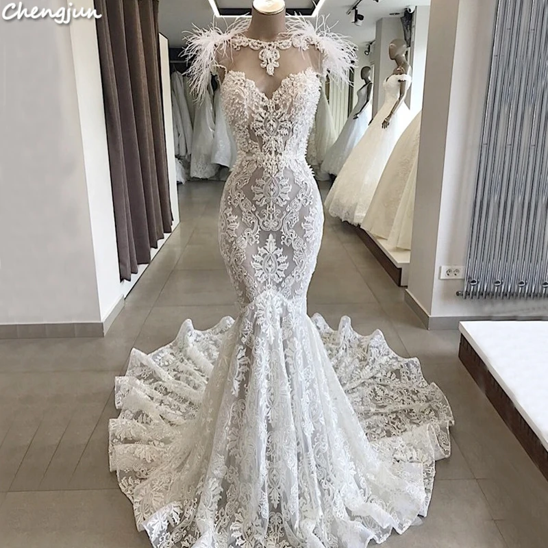 Chengjun Европейский сексуальный элегантный Русалка Кружева Свадебные платья перья