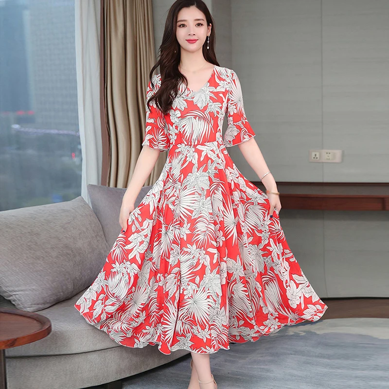 Женское офисное летнее платье с короткими рукавами в цветочек модное