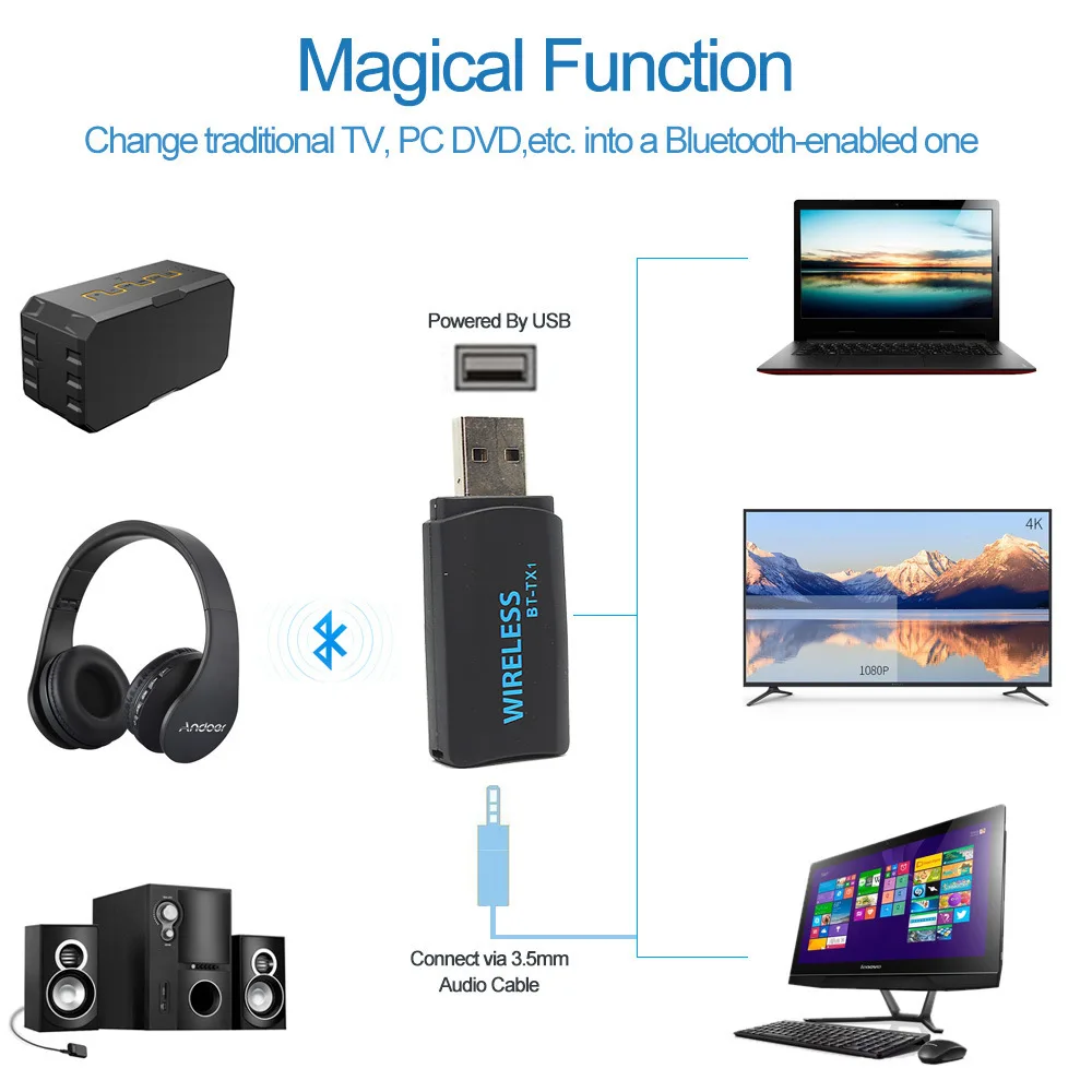 Портативный Bluetooth-передатчик стерео аудио Беспроводной USB-адаптер AUX для ТВ ПК iPod