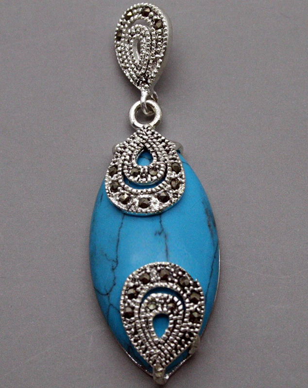 Женская серебряная синяя Бирюзовая подвеска в виде марказита 18x40 мм|Подвески| |