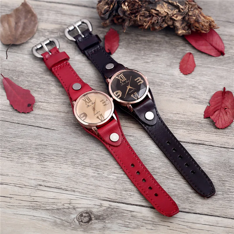 Винтажные женские часы со стеклянным циферблатом повседневные с красным кожаным