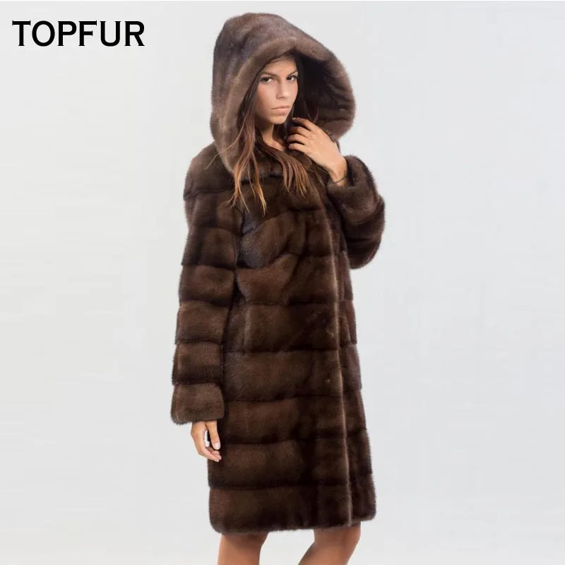 Новое поступление 2019 пальто TOPFUR из натуральной норки с большим капюшоном тонкая