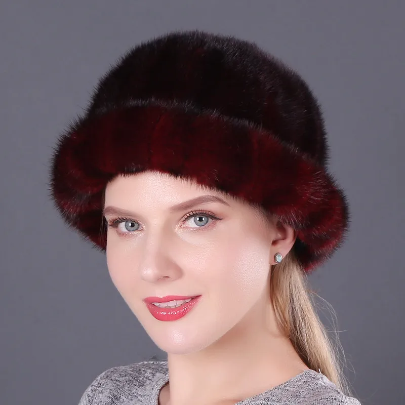 Mink Fur Bucket Hat Fashion Winter Solid Color Real Animals Fur Thicken Protective Headwear Female Natural Mink Fur Buckets Cap - Цвет: color7