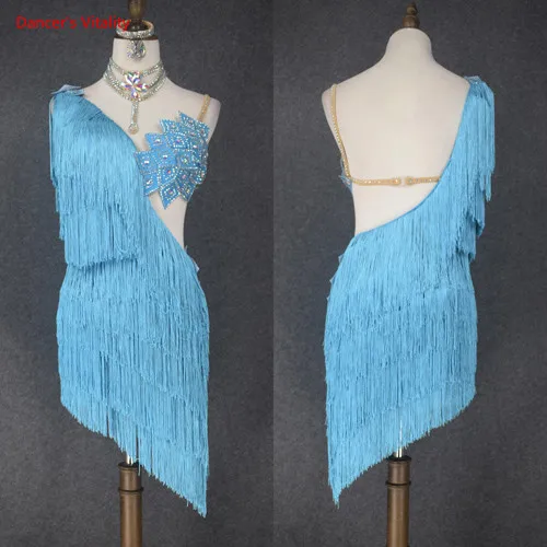 light blue Профессиональное платье для латинских танцев, сексуальное платье с кисточками, одежда для бальных танцев, женская одежда для соревнований на сцене/тренировочная одежда - Цвет: light blue