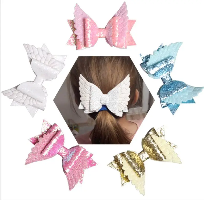 

Glitter Fly Angle Wings Synthetic Leather Hair Bows Cute Kids Hair Clips Girls Hairpins Barrettes Headwear Headdress 2pcs/set