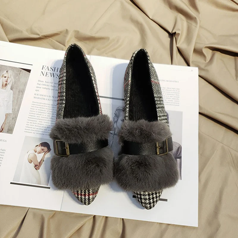 Flats Women Simple Elegant Retro Plaid Pointed Toe Flat with Shoes Outside Womens Winter Soft Plush Ladies All-match 2019 Trendy | Обувь