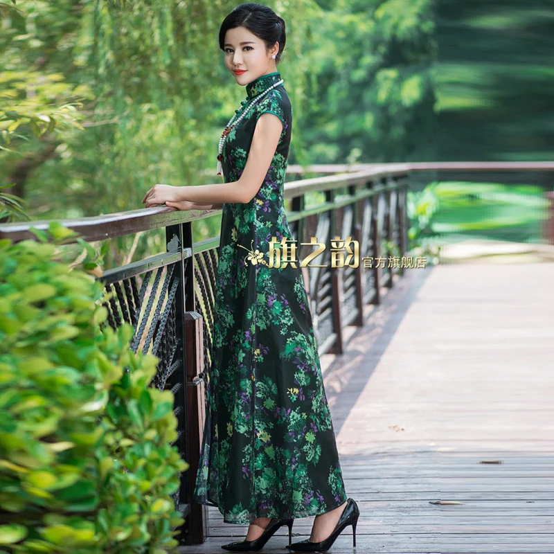 Зеленый Вьетнам аозай китайское традиционное платье qipao длинное Чонсам халат
