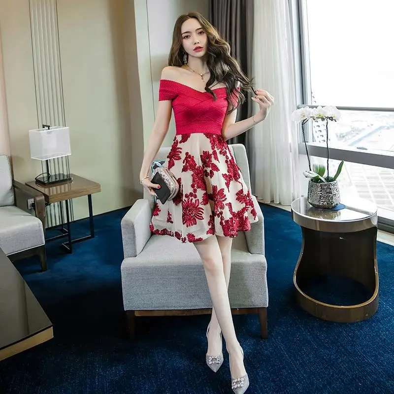 LISM Мини Цветочная вышивка Vestidos De Festa Высокая талия Slash шеи красное платье Летняя